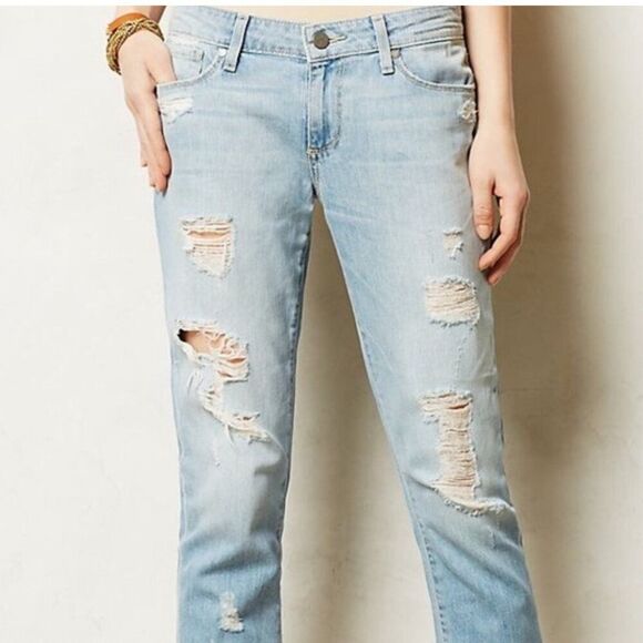 Paige Jimmy Jimmy Crop Jeans in Distressed Light Denim Low Rise in Size 27 - Picture 1 of 10